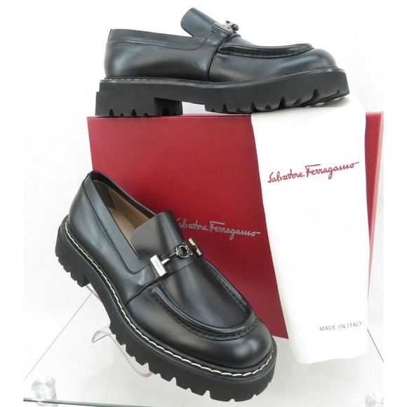 NIB FERRAGAMO IGNAZIO BLACK LEATHER GANCIO BIT LOGO LUG PLATFORM LOAFERS 10 M - Picture 3 of 14